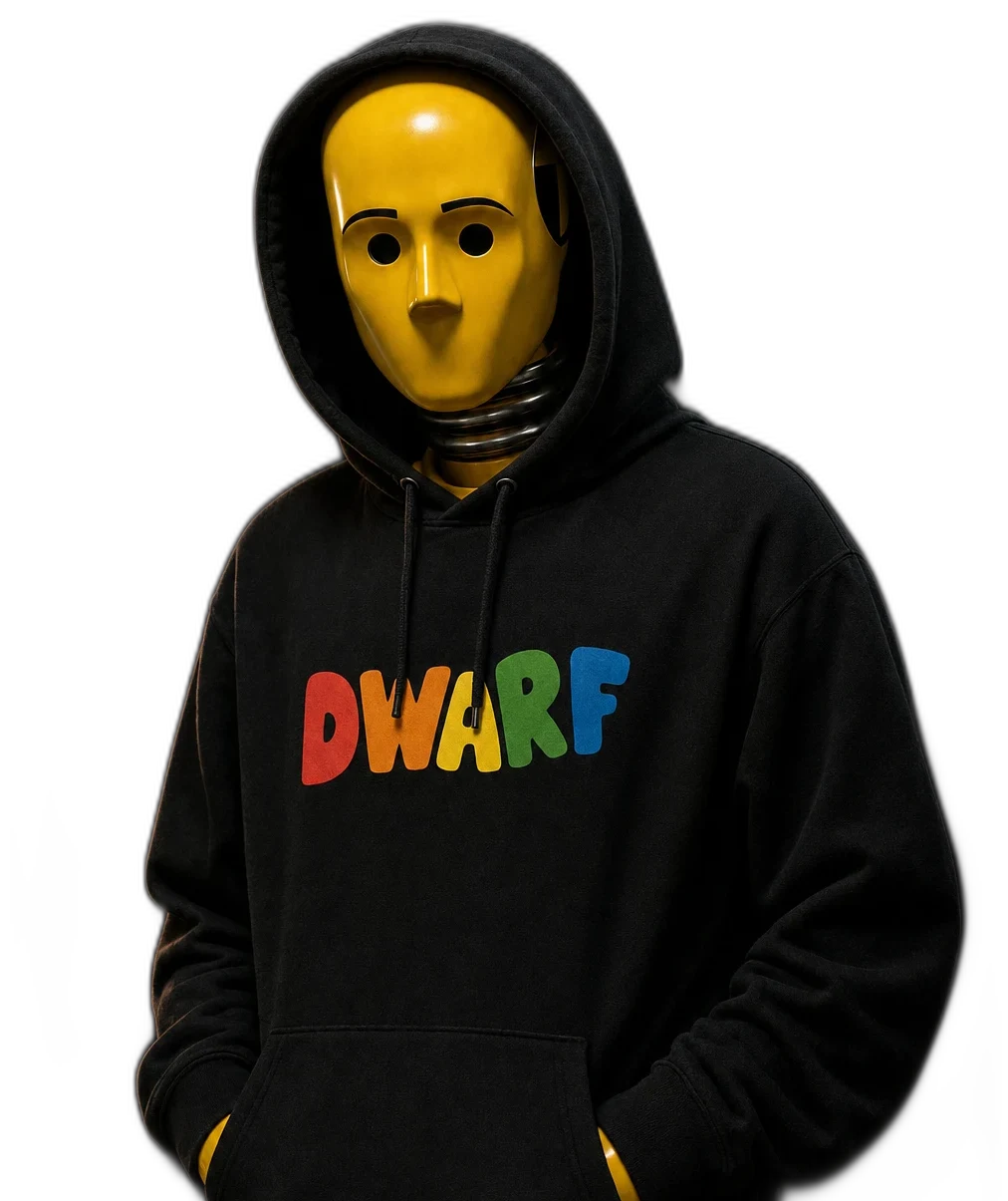 crash test dummy in a dwarf hoodie, hood up